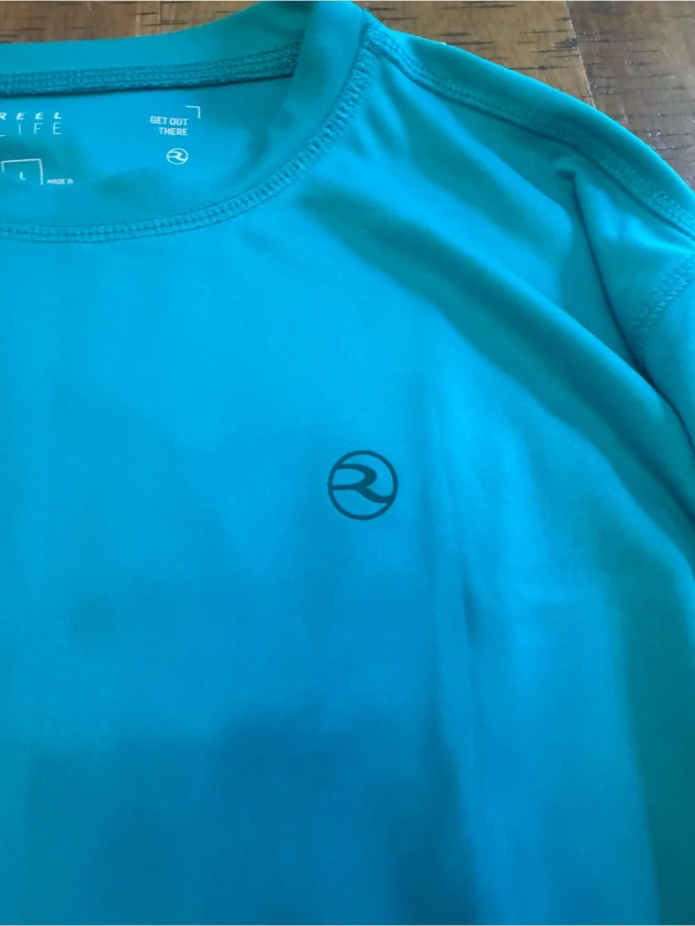 Men's Large Reel Life Teal Long-Sleeve Rash Guard with Coastal Cooler Graphic